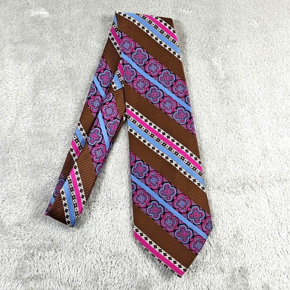 Vintage Wembley Tie Mens Brown Pink Blue Striped 60s 70s Disco Floral Colorful